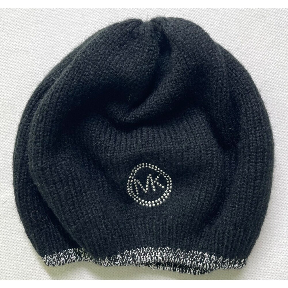 MICHAEL Michael Kors Black Silver Rhinestone MK Logo Slouch Knit Beanie Hat OS